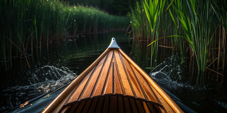A wooden kayak moves smoothly through tranquil waters, surrounded by tall green reeds. Soft evening light creates a serene atmosphere as water splashes from the paddle.の写真素材