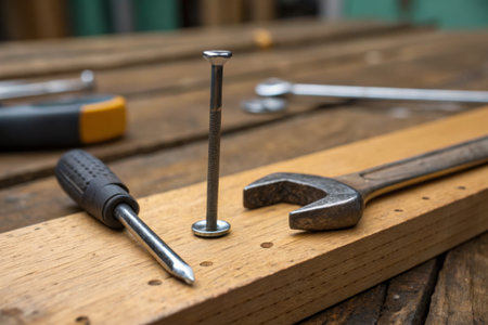 Screws, a wrench, and a screwdriver are placed on a wooden surface in a home workshop. This setup indicates a DIY activity in a cozy, creative workspace.の写真素材
