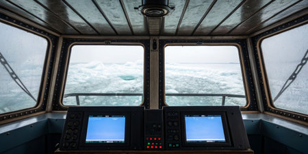 Inside the bridge of a vessel, the view reveals a vast expanse of ice ahead, illustrating the...