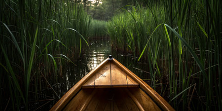 A wooden canoe peacefully navigates through a narrow waterway surrounded by lush green reeds. The soft evening light casts a tranquil atmosphere, highlighting the beauty of nature.の写真素材