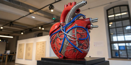 A vibrant red heart sculpture, intricately designed with pipes and wires, is displayed in an art...