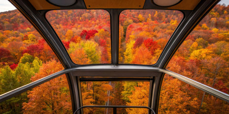 Gondola ride offers breathtaking views of a forest blanketed in vibrant autumn colors, with trees displaying various shades of red, orange, and yellow. Serenity envelops the scene.の写真素材