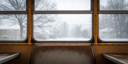 Snow falls steadily outside a bus window, creating a winter wonderland. The interior displays empty seats, enhancing the solitude of the cold, quiet day.の写真素材