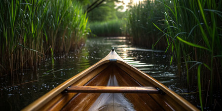 A kayak glides through a narrow waterway surrounded by tall green reeds. The sun sets softly, creating a peaceful atmosphere as water ripples gently around the canoe, enhancing the tranquility.の写真素材
