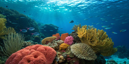 Colorful coral structures dominate the underwater landscape, surrounded by various fish swimming...