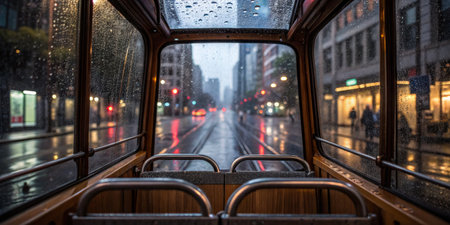 Raindrops cascade down the windows, blurring the cityscape outside. Street lights glow softly, reflecting on wet pavement as vehicles navigate a rainy evening.の写真素材