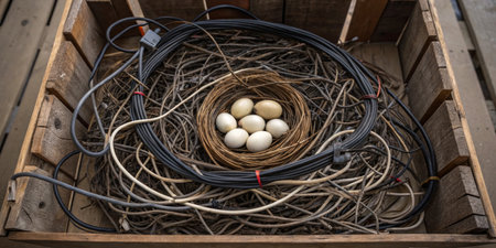 A nest containing several eggs sits amidst a tangle of wires inside a wooden crate. The arrangement contrasts natural and artificial elements in a rustic environment.の写真素材