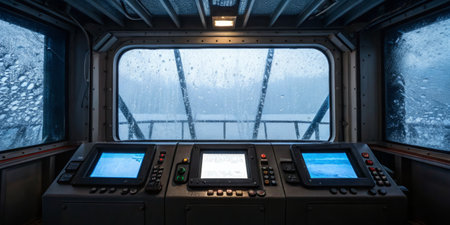 Inside the control room of a ship, multiple digital displays are visible as rain beads on the windows. The scene suggests a challenging navigation situation due to the storm.の写真素材