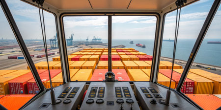 Inside a crane's control cabin, a panoramic view reveals bright containers stacked for transport at a busy port. Ships are anchored in the harbor under a clear sky.の写真素材