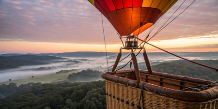 Hot air balloon gracefully rises into the early morning sky, offering stunning panoramic views of a tranquil landscape shrouded in mist. The sun lights up the horizon as nature awakens.の写真素材