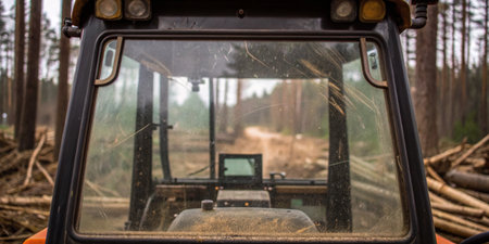 A forestry tractor sits on a dirt road with trees lining the path. The cabin view shows a worksite where logs are stacked and the environment is quiet, suggesting forest management activities.の写真素材
