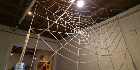 A large rope web hangs from the ceiling in an art gallery. The intricate design captivates viewers, with natural light highlighting its textures against the stark white backdrop.の写真素材