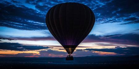 A vibrant hot air balloon ascends into the evening sky amidst a breathtaking sunset. The colorful...