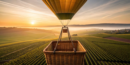 A colorful hot air balloon drifts above lush green vineyards as the sun rises, casting a warm glow over the tranquil landscape below at dawn.の写真素材