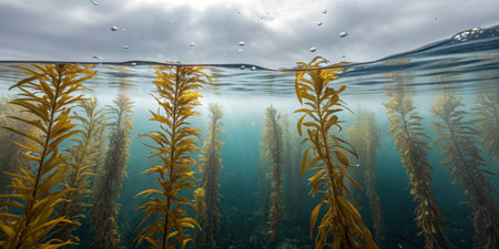 A vibrant kelp forest thrives underwater, with tall green algae stretching upwards. Soft currents create movement in the murky blue depths, while clouds loom overhead.の写真素材
