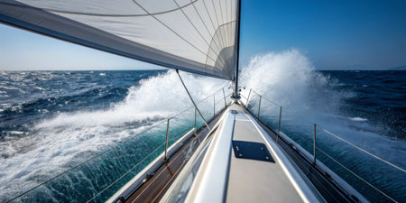 A sailboat navigates the open ocean, cutting through waves with a gentle breeze filling the sails. The sun shines brightly, creating a serene and adventurous atmosphere.の写真素材