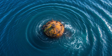 A weathered buoy floats steadily on the ocean surface, surrounded by circular ripples from gentle waves under clear blue skies. The tranquil water highlights the buoy's texture and colors.の写真素材