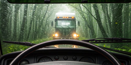 Visibility is low due to the rain, while a large truck approaches along a narrow, wet road surrounded by tall trees and thick foliage.の写真素材
