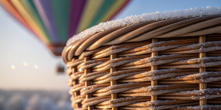 A hot air balloon glides over a snowy expanse at sunrise, highlighting the intricately woven basket adorned with frost. The sky is vibrant with colors.の写真素材
