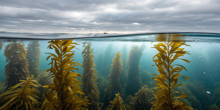 Long strands of kelp rise from the ocean floor under a dark, cloudy sky. Bubbles and soft light filter through the water, creating a serene aquatic atmosphere.の写真素材
