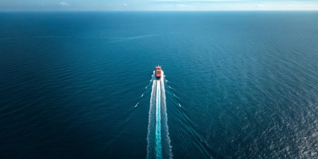 A cargo ship moves steadily across the expansive ocean, creating a trail in the water. The scene captures the beauty of the open sea and clear skies, emphasizing tranquility.の写真素材