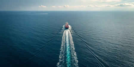 A cargo ship moves steadily across the vast ocean, leaving a frothy white trail behind. The calm waters reflect the clear blue sky and soft clouds, creating a serene atmosphere.の写真素材