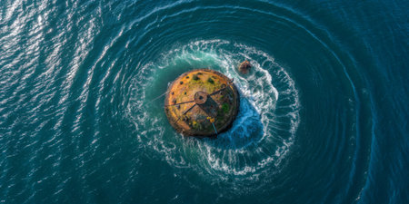 This enchanting aerial perspective captures a small, verdant island surrounded by swirling ocean currents under a clear blue sky, showcasing nature's beauty and tranquility.の写真素材