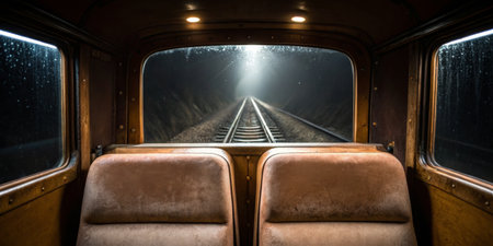 Two worn seats face a foggy tunnel, revealing a long stretch of railway track disappearing into darkness. The atmosphere is mysterious and quiet, evoking a sense of solitude.の写真素材