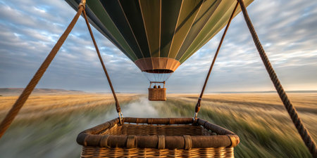 A hot air balloon glides gracefully above an expansive field at sunrise, casting a serene shadow over the golden grasses. The sky is adorned with fluffy clouds, enhancing the tranquility.の写真素材