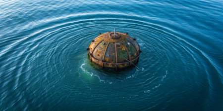 A distinct dome-shaped underwater structure is partially submerged, causing gentle ripples in the surrounding calm waters, illuminated by warm sunset hues in a coastal area.の写真素材