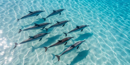 A pod of dolphins swims together in serene turquoise waters, showcasing their playful nature and agility under the bright sun. The scene radiates tranquility and beauty.の写真素材