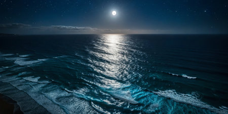 Bright moon casts a silvery glow over the ocean waters, creating shimmering reflections on the surface. Gentle waves roll ashore under a star-filled night sky.の写真素材