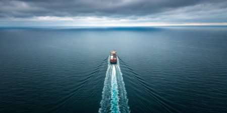 A large cargo ship moves steadily across tranquil ocean waters, producing a wake as it travels. The sky is overcast, hinting at potential weather changes in the late afternoon.の写真素材