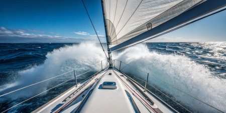 Sailboat is gliding through bright blue waters as waves crash against the hull. The sun shines down, creating a vibrant and dynamic atmosphere on a clear day.の写真素材