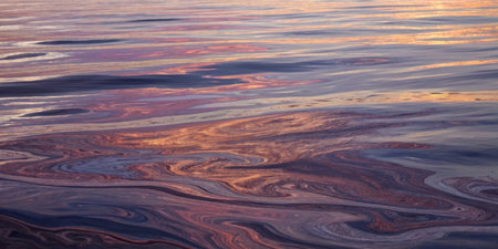 Colorful swirls and patterns emerge on the surface of calm water as the sun sets, creating a mesmerizing display of hues reflecting the fading light of day.の写真素材