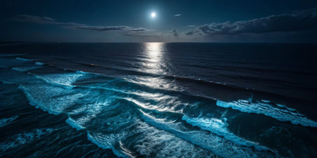 Moonlight reflects off the gently rolling waves of the ocean, casting a serene glow on the water's surface. The calm night sky enhances the tranquil atmosphere by the beach.の写真素材