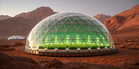 The illustration features a large geodesic dome housing vibrant green plants in a Martian landscape during twilight.の写真素材