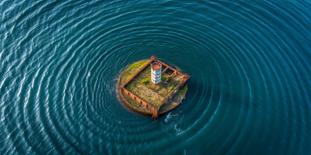 A small island features an old lighthouse standing tall amidst calm waters at dawn. Gentle ripples create a tranquil atmosphere, emphasizing the beauty of nature and solitude.の写真素材