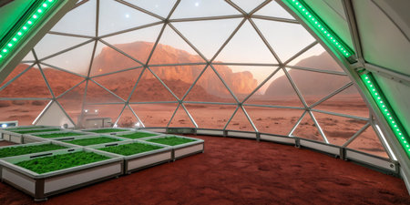 Inside a dome structure designed for farming, vibrant green crops thrive against the backdrop of a reddish Martian landscape at sunrise, showcasing advanced agricultural techniques.の写真素材