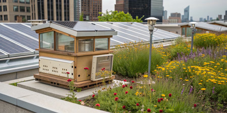 A rooftop garden in a city features vibrant flowers, a beehive for pollination, and solar panels promoting sustainable living. The urban skyline serves as an inspiring backdrop.の写真素材