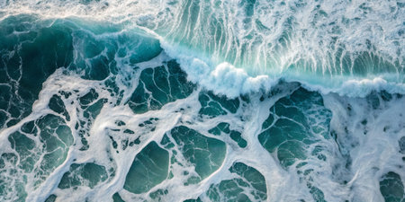 Powerful ocean waves roll onto the sandy beach, creating foam as they break. The vibrant turquoise water reflects the midday sun, showcasing the strength and beauty of nature.の写真素材
