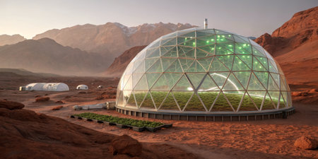 A futuristic greenhouse stands in a red, rocky Martian terrain illuminated by soft light. Surrounding the main dome are smaller habitats, hinting at life-supporting innovations for future exploration.の写真素材