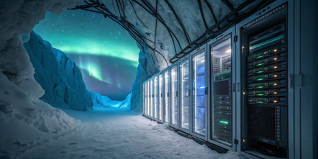 Inside an icy cave, rows of servers operate under the breathtaking display of the northern lights....