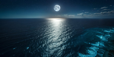 The moon shines brightly over a calm ocean, illuminating the water's surface with silver light. Gentle waves lap against the shore under a starry sky, creating a peaceful atmosphere.の写真素材