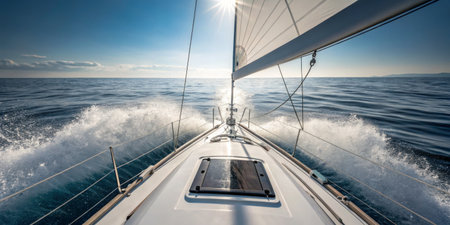 A yacht glides smoothly across the calm ocean waters, leaving a wake behind. The setting sun illuminates the scene, highlighting the peaceful atmosphere.の写真素材