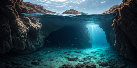 Brilliant sunlight penetrates an underwater cave, illuminating colorful fish swimming among rocks. This tranquil marine environment showcases the beauty of ocean life.の写真素材