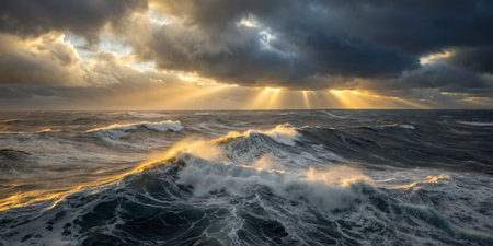 Strong waves roll and crash against each other as rays of sunlight break through dark clouds over the ocean at twilight, creating a stunning natural landscape.の写真素材