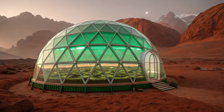 Located in a red Martian terrain, this greenhouse features a unique dome structure with vibrant greenery thriving inside. Advanced technology supports sustainable growth in harsh conditions.の写真素材