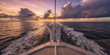 A boat sails smoothly through calm waters during sunset. The sky is painted in hues of orange and purple, creating a serene atmosphere as waves trail behind.の写真素材