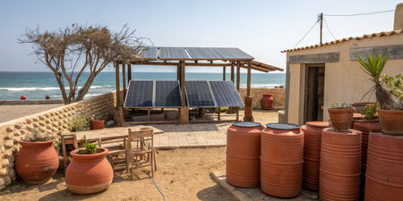 Solar panels are installed on a wooden structure at a coastal property, surrounded by clay pots and...